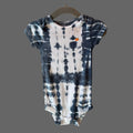 A short-sleeve cotton baby bodysuit with a midnight blue and white tie-dye pattern.