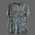 A short-sleeve cotton crewneck t-shirt featuring a black on faded black spiral tie-dye pattern with a hand embroidered skull on the upper right chest area.