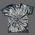 A short-sleeve crewneck tie-dye t-shirt with a spiral pattern in midnight blue and off-white with a small hand embroidered ghost on the right pocket area.